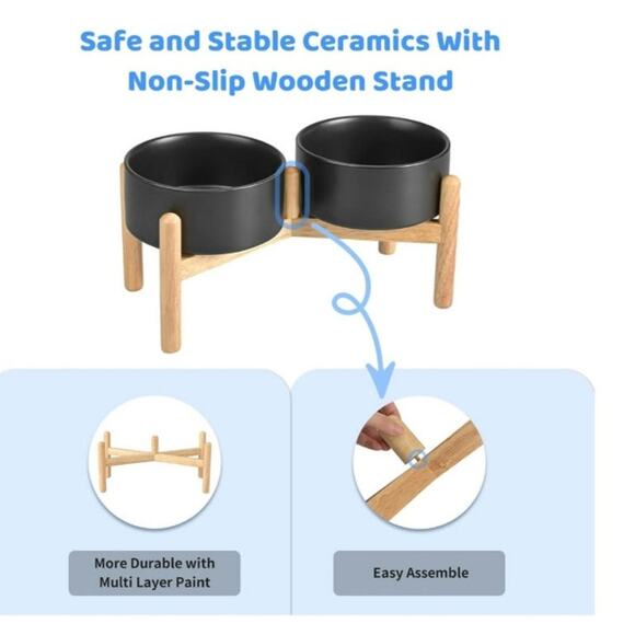 6853 Spunky Junky Raised pet food and water dishes. NEW Black with wood stand - Picture 5 of 7